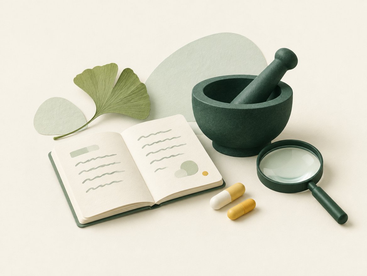 An illustrated pharmacist’s notebook, magnifying glass and green mortar and pestle